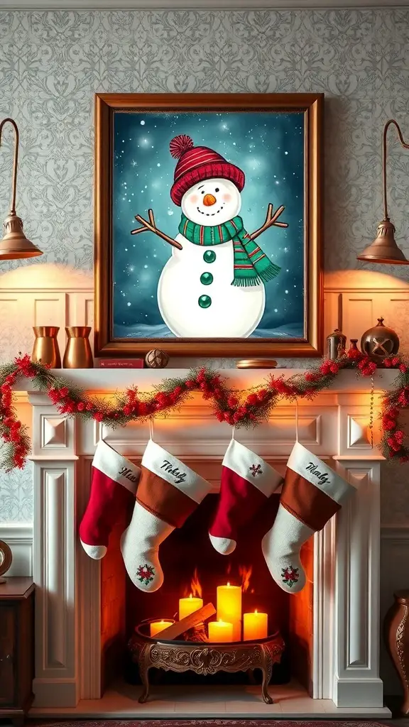 27+ Stunning Christmas Wall Art Ideas for a Festive Home 5 Charming snowman artwork above a decorated fireplace with stockings