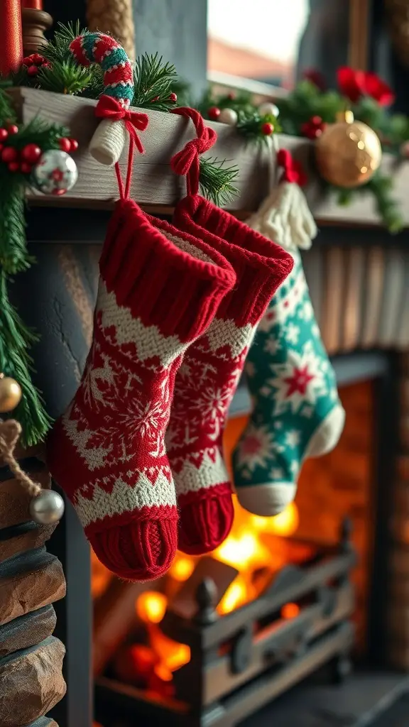 Cozy knit Christmas stockings hanging by a fireplace, decorated with festive patterns and colors.