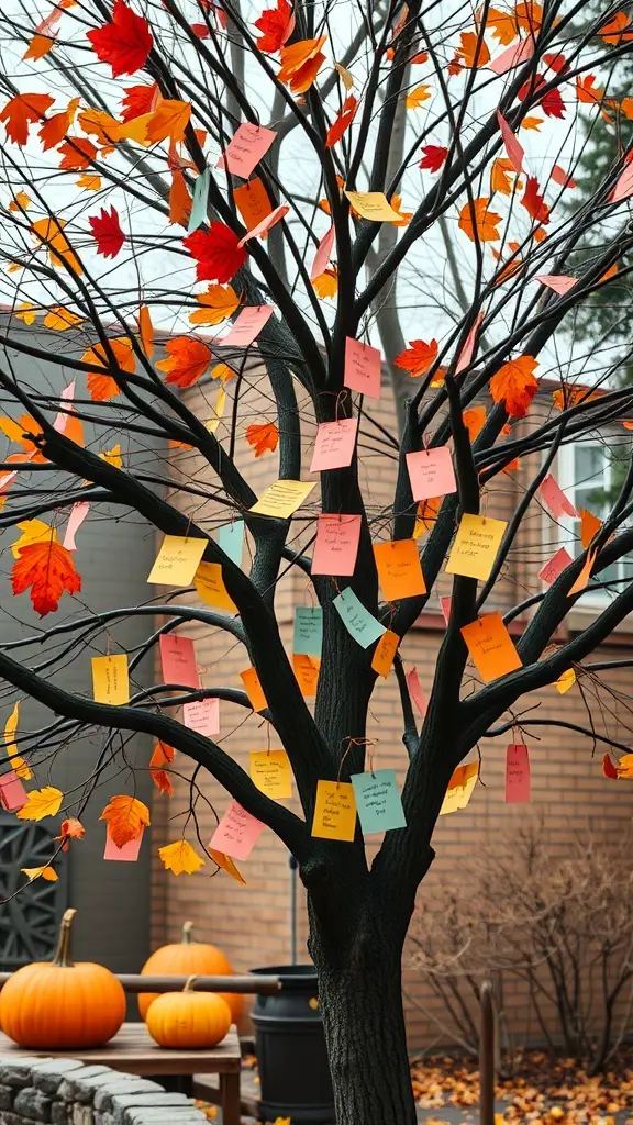 A Thanksgiving tree with colorful leaves and gratitude notes hanging from its branches.
