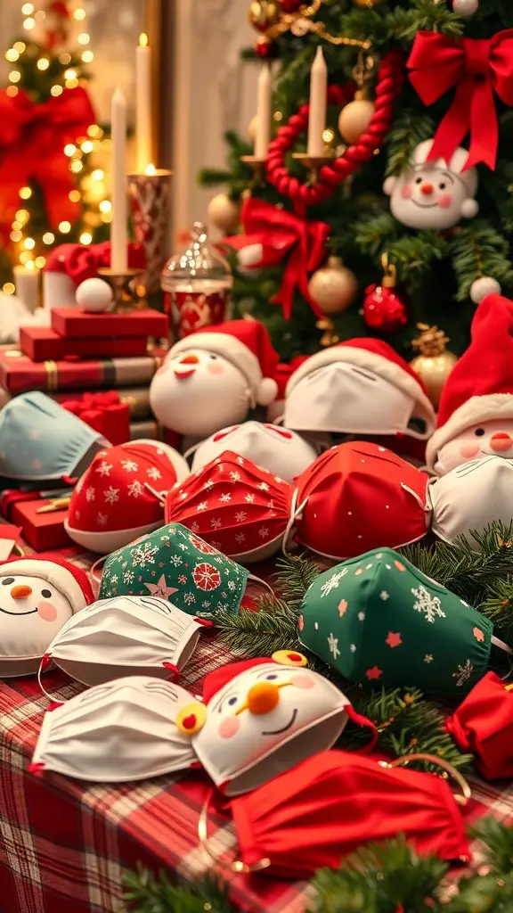 29+ Creative Christmas Stocking Ideas to Delight Everyone 10 A collection of colorful Christmas-themed face masks displayed on a table with holiday decorations.