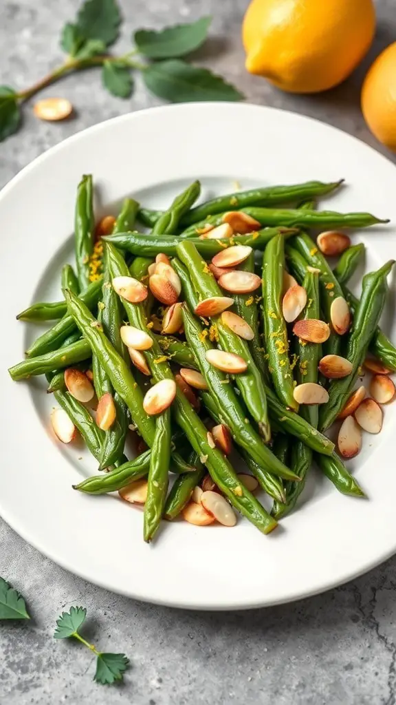 25+ Must-Try Thanksgiving Side Dishes You Need This Year 7 A plate of green bean almondine with toasted almonds and lemon zest.
