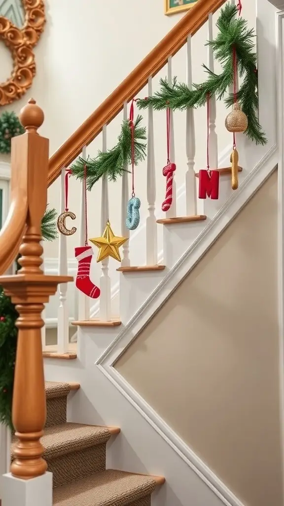 25+ Creative Christmas Staircase Decor Ideas to Transform Your Home 15 A decorated staircase with personalized ornaments spelling 'CHRISTMAS' and festive greenery.