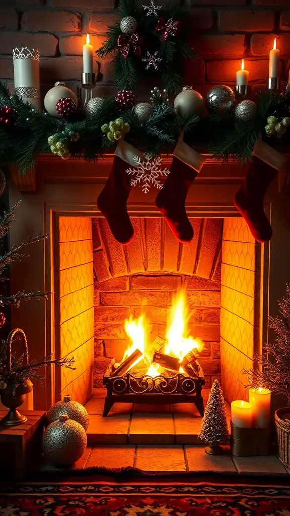 A beautifully decorated fireplace with stockings, candles, and festive ornaments, creating a cozy holiday atmosphere.