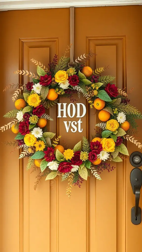 A colorful harvest-themed floral wreath with yellow, red, and orange flowers, adorned with oranges, hanging on a brown door.