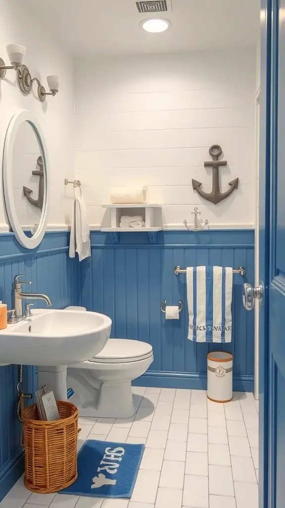 29+ Stunning Blue Bathroom Ideas You’ll Love 3 A bathroom featuring blue paneling, white fixtures, and nautical decor.