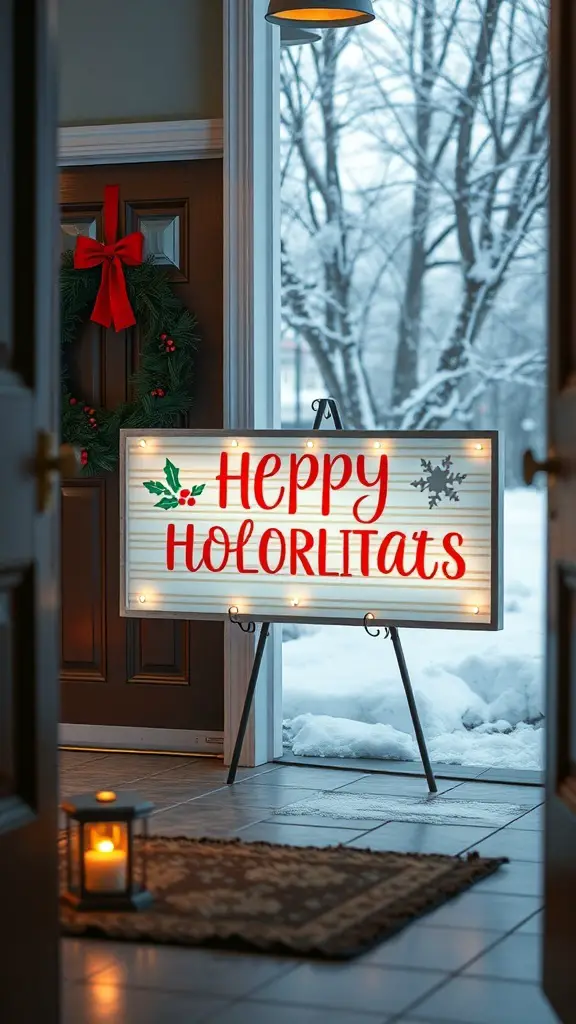 25+ Christmas Entryway Decor Ideas to Transform Your Home 16 A festive entryway with a sign that says 'Happy Holorlitars', a wreath, and a snowy view outside.