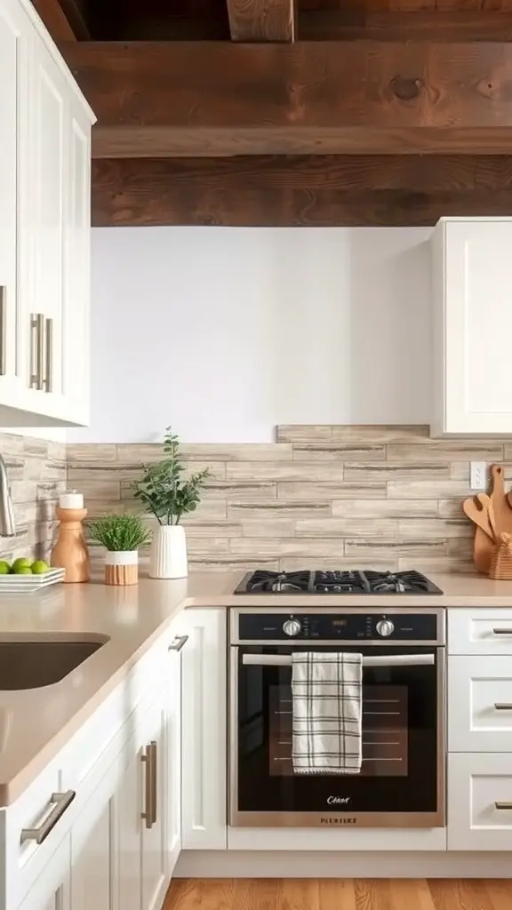 29+ Creative Wall Tile Accent Strip Ideas for Stunning Interiors 9 A kitchen featuring rustic wood-look tiles as an accent strip, complementing white cabinetry.