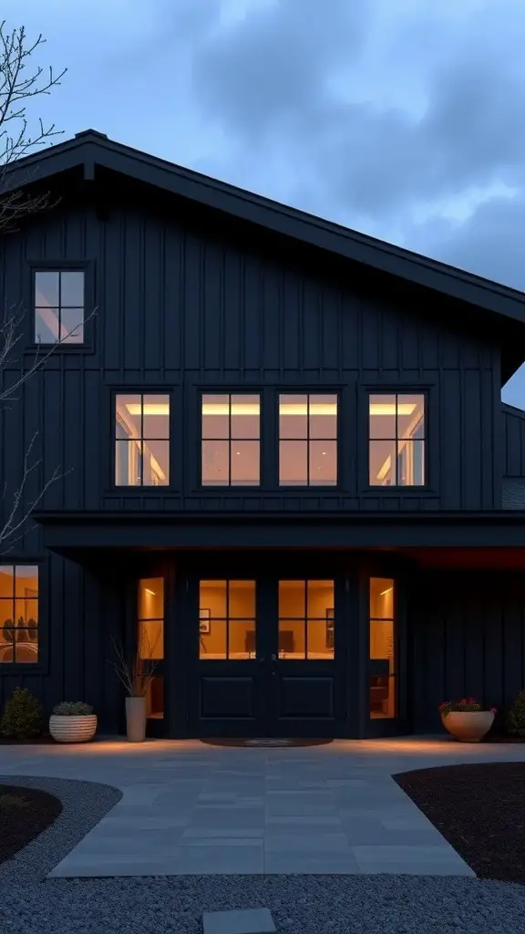 25+ Stunning Black Barndominium Designs You’ll Love 12 A modern black barndominium with large windows and a stylish entrance.
