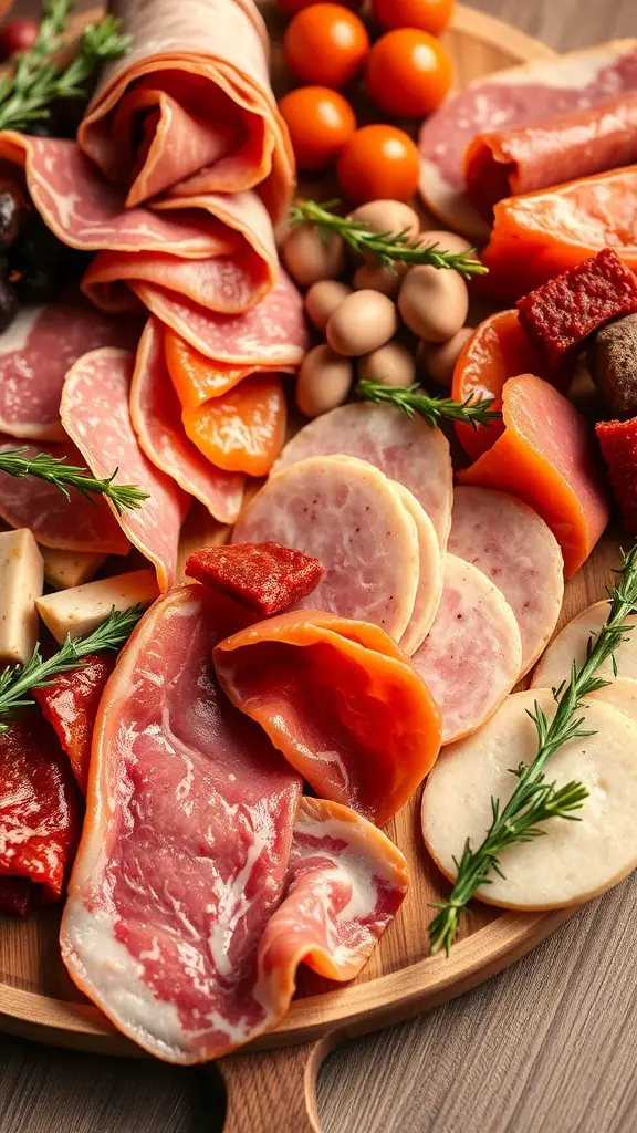 A variety of savory meats arranged on a wooden charcuterie board, including prosciutto, salami, and other cured meats, garnished with herbs and accompanied by cherry tomatoes.