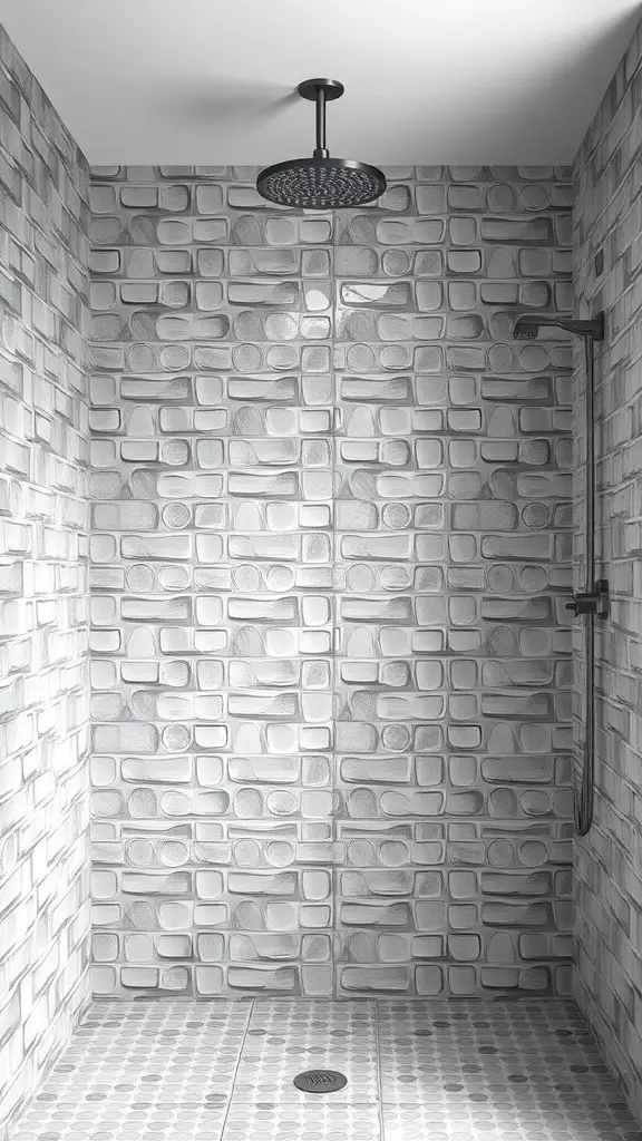 27+ Stunning Shower Tile Ideas to Transform Your Bathroom 5 Shower with textured 3D tiles in light gray tones, featuring a modern design.