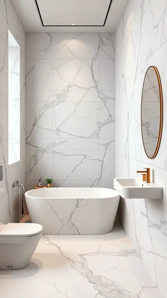 A modern bathroom featuring large marble tiles on the walls and floor, a freestanding tub, and a round mirror.