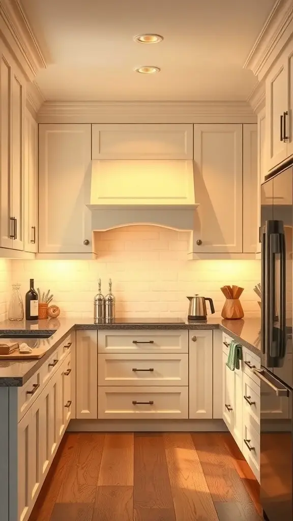 25+ Stunning Antique White Kitchen Cabinets for Timeless Style 9 A cozy kitchen featuring antique white cabinets illuminated by warm lighting.