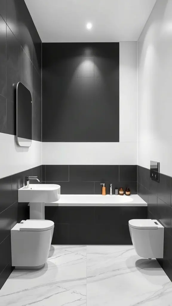 27+ Stunning Two-Tone Wall Paint Ideas to Transform Your Bathroom 9 Modern bathroom with charcoal and white wall paint, featuring sleek fixtures and a minimalist design.