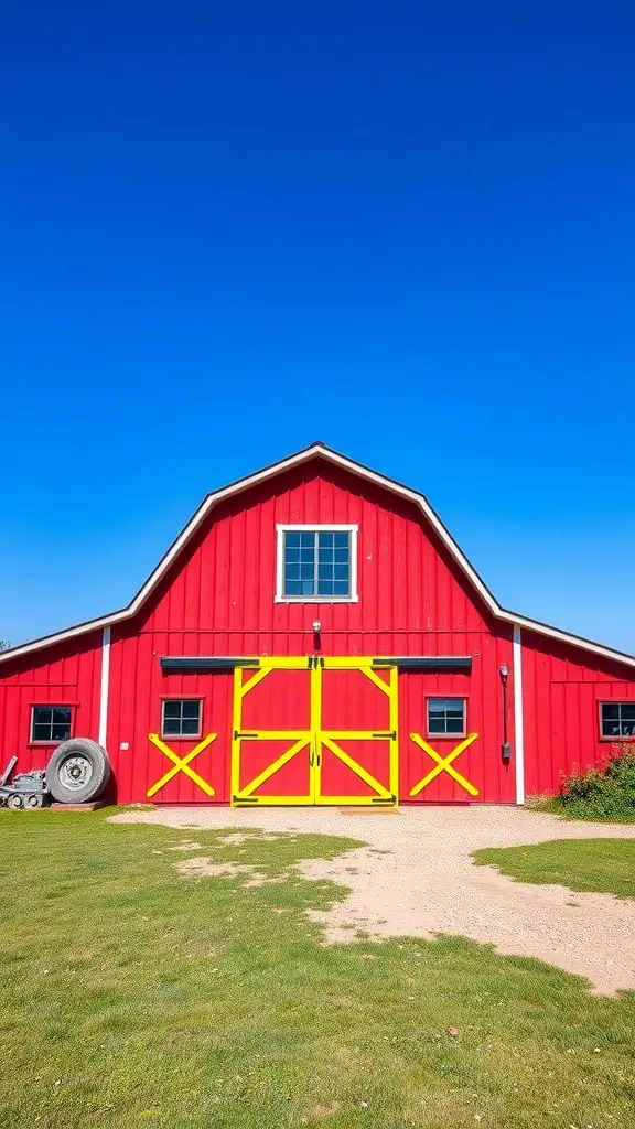 27+ Stunning Barndominium Exterior Ideas to Inspire Your Dream Home 5 Bright red barn with yellow accents against a blue sky