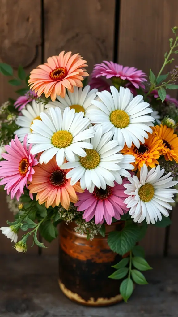 A vibrant mixed seasonal bouquet featuring daisies in white, pink, and orange, arranged in a rustic vase.