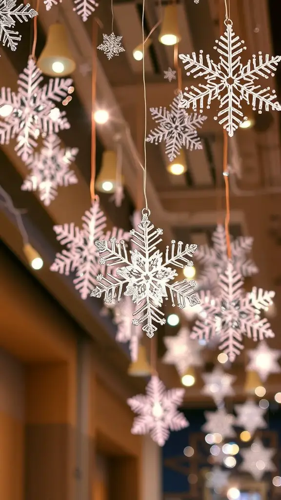 29+ Creative Christmas Ceiling Decoration Ideas to Festively Transform Your Home 9 Decorative snowflakes hanging from the ceiling, illuminated by soft lights.