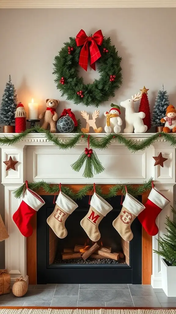 A beautifully decorated Christmas fireplace mantle with a wreath, stockings, and festive figurines.