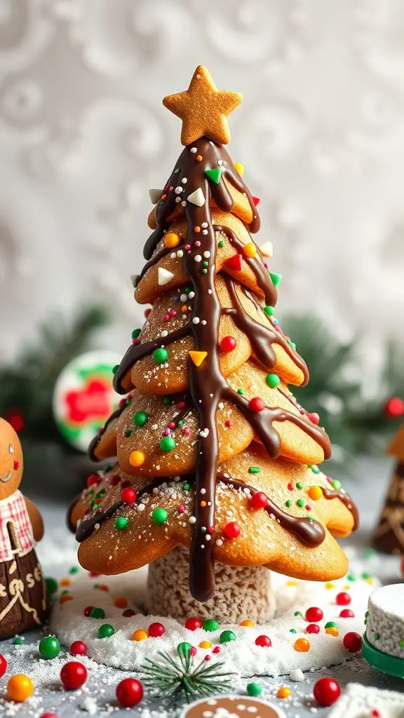 A beautifully decorated gingerbread tree with chocolate drizzle and colorful candies.
