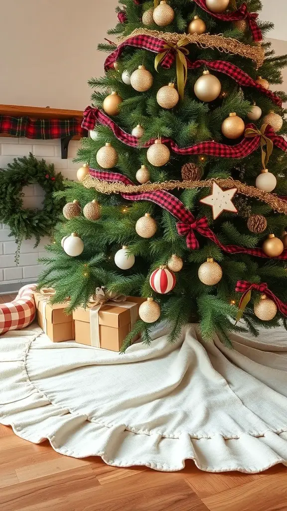 23+ Unique Christmas Tree Skirt Ideas for a Festive Touch 15 A cozy farmhouse style Christmas tree skirt under a decorated tree with gold and red ornaments.