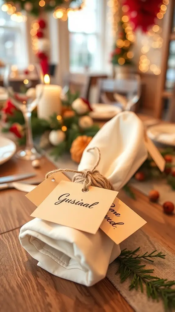 Personalized napkin rings with names on tags, tied with twine, on a Thanksgiving table setting.