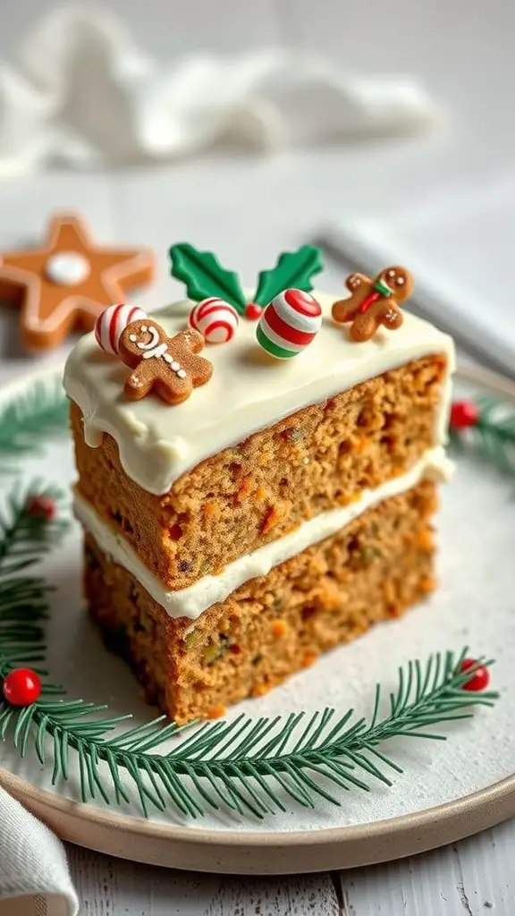 25+ Delicious Thanksgiving Desserts Perfect for a Crowd 12 A slice of gingerbread cake with cream cheese frosting, decorated with gingerbread men and candy, on a festive plate.