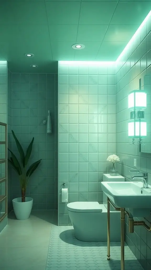 23+ Inspiring Green Bathroom Ideas for a Refreshing Makeover 10 A modern bathroom with soft green lighting fixtures and a plant.