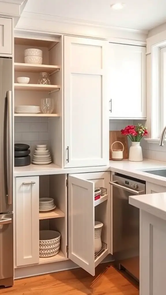 27+ Stylish Slim Shaker Cabinets for Your Dream Kitchen 4 A compact kitchen featuring slim shaker cabinets with open shelving and closed storage, showcasing effective use of space.