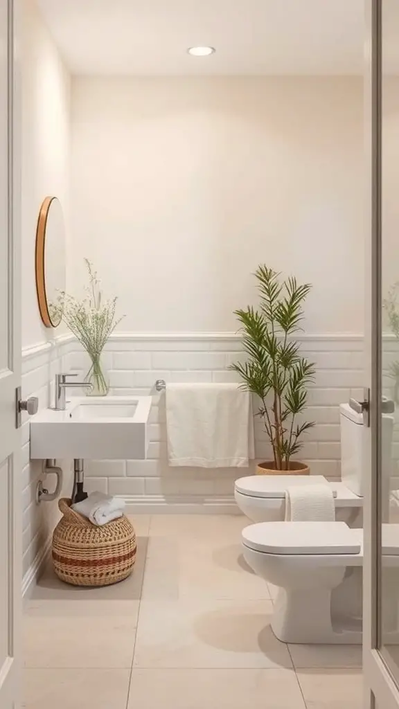21+ Timeless Bathroom Ideas You’ll Love 6 A modern bathroom with neutral colors, featuring a sink, toilet, and a potted plant.