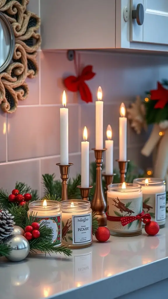 A festive countertop arrangement featuring scented candles, pine branches, red berries, and ornaments.