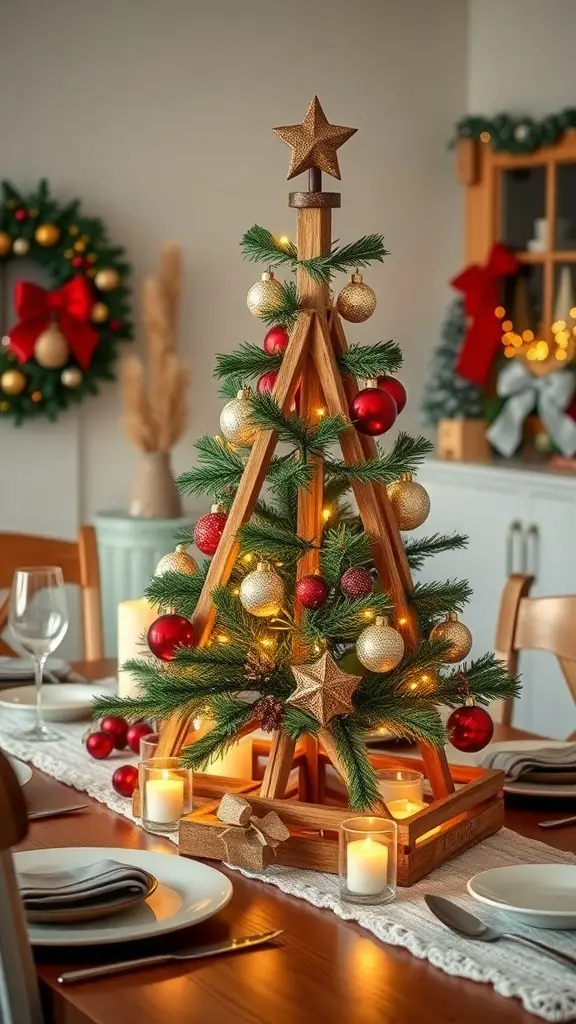Wooden Christmas tree centerpiece decorated with ornaments and lights on a dining table
