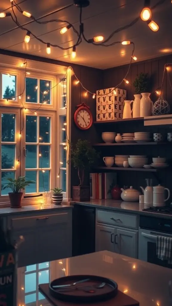 A cozy kitchen decorated with twinkling string lights, showcasing a warm and inviting atmosphere.