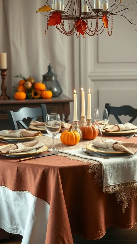 A warm Friendsgiving tablescape with layered textiles, pumpkins, and candles.