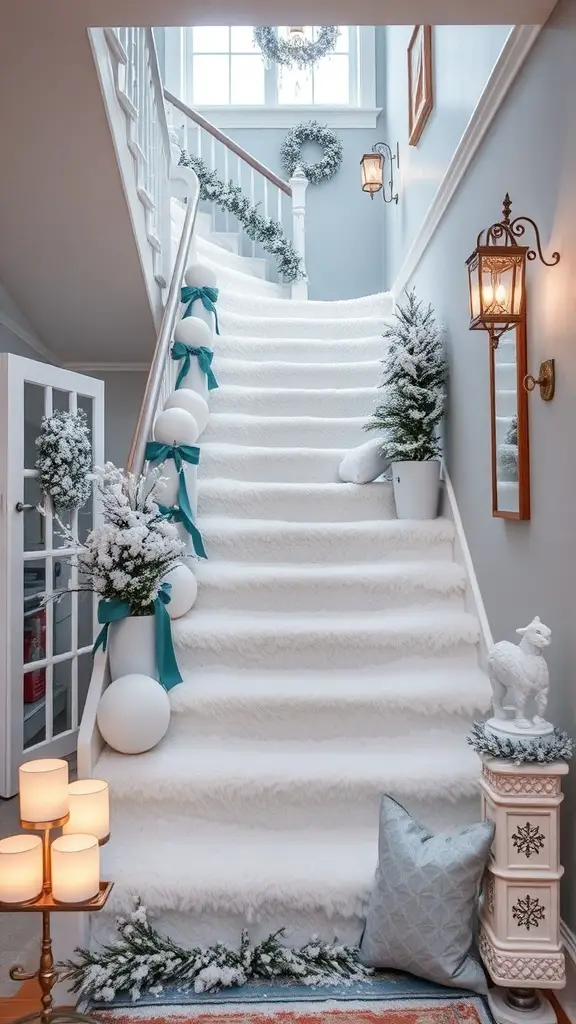 25+ Creative Christmas Staircase Decor Ideas to Transform Your Home 6 A beautifully decorated staircase with winter wonderland theme, featuring white carpet, teal ribbons, potted trees, and warm lanterns.