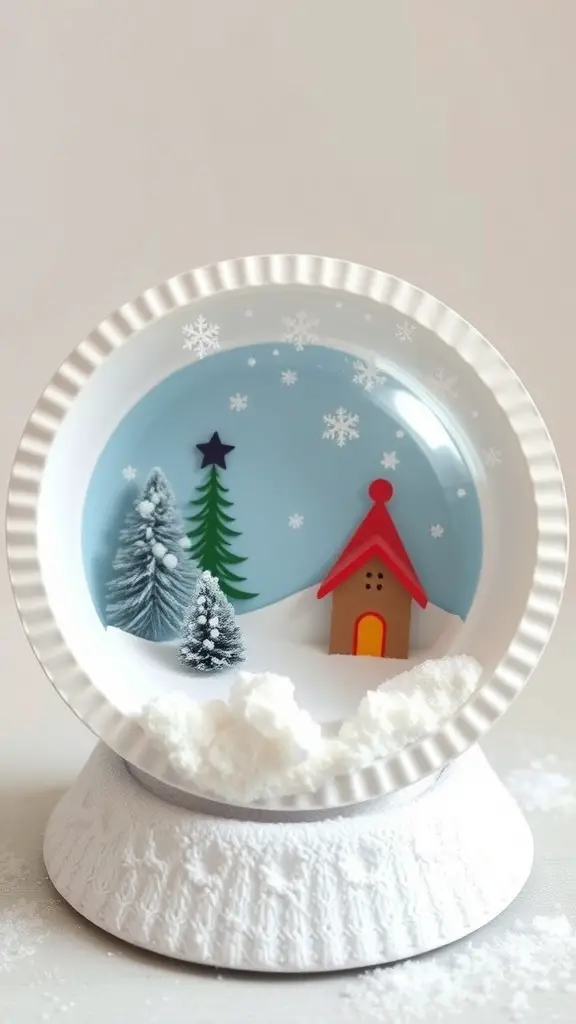 A paper plate snow globe featuring a winter scene with trees and a house.