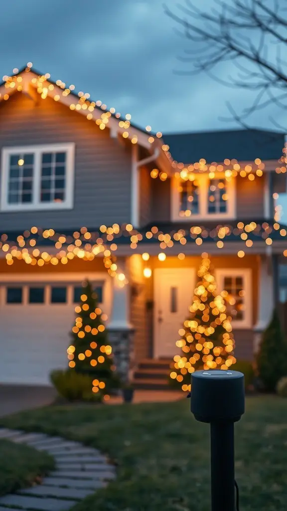 27+ Stunning Roof Christmas Light Ideas to Brighten Your Holidays 14 A beautifully decorated house with Christmas lights on the roof and trees, showcasing the use of smart technology in holiday lighting.