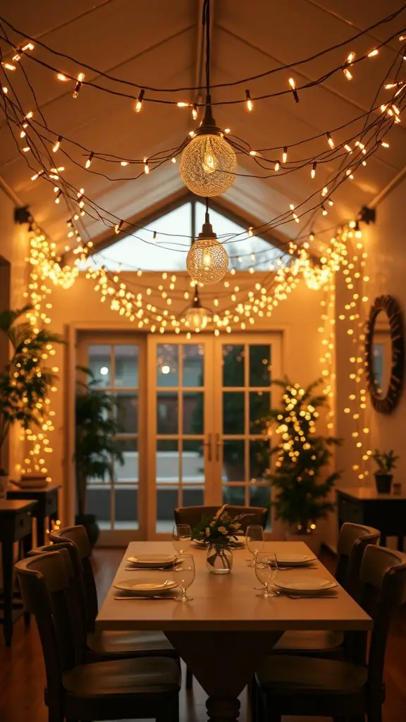 A beautifully decorated dining room with sparkling string lights and a festive atmosphere.