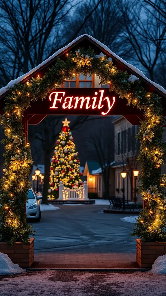 A Christmas archway with a sign that says 'Family' surrounded by greenery and lights, with a decorated tree in the background.