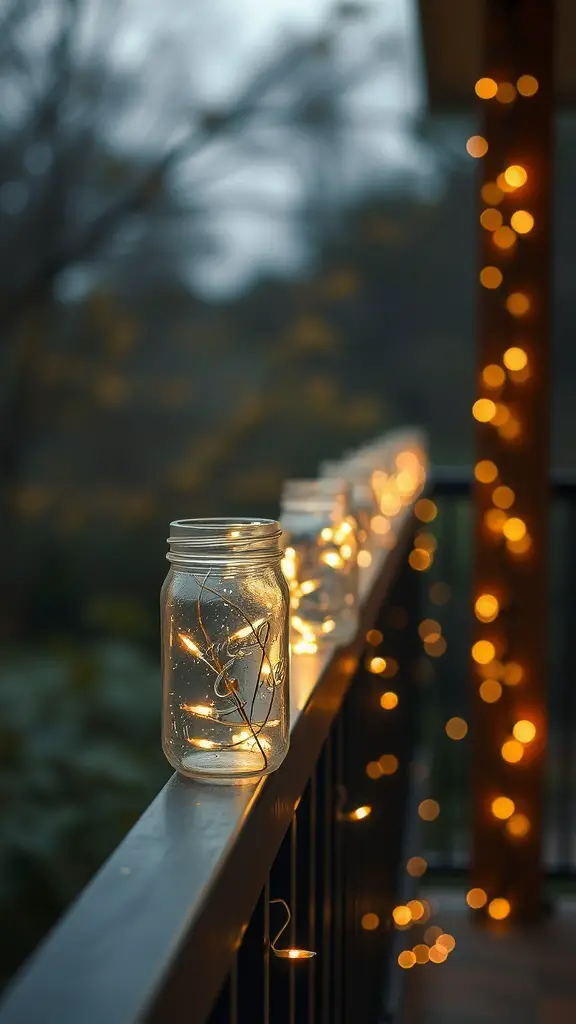 27+ Creative Indoor Christmas Railing Decor Ideas 11 Mason jars filled with fairy lights on a railing