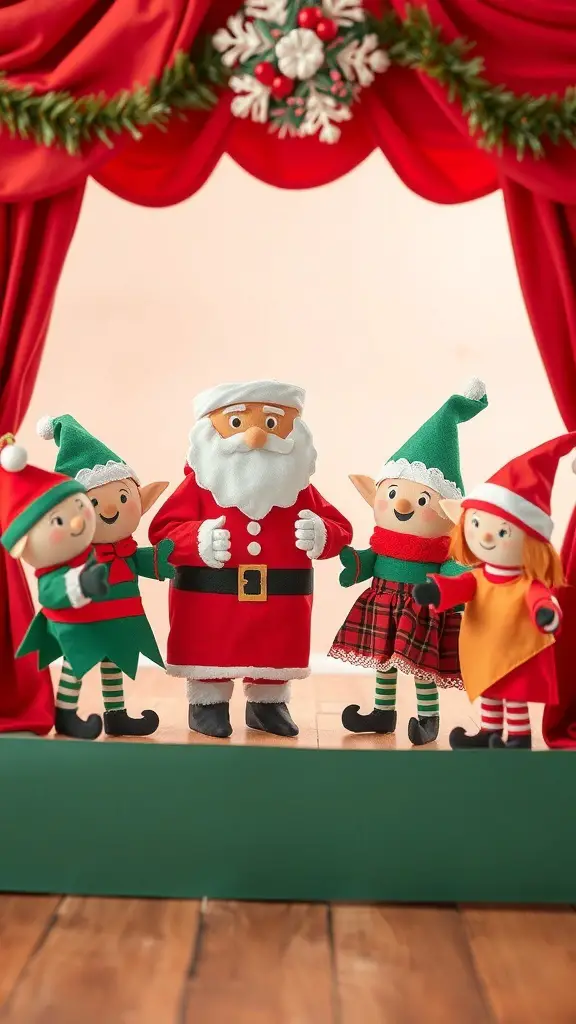Colorful paper bag puppets of Santa and elves on a stage