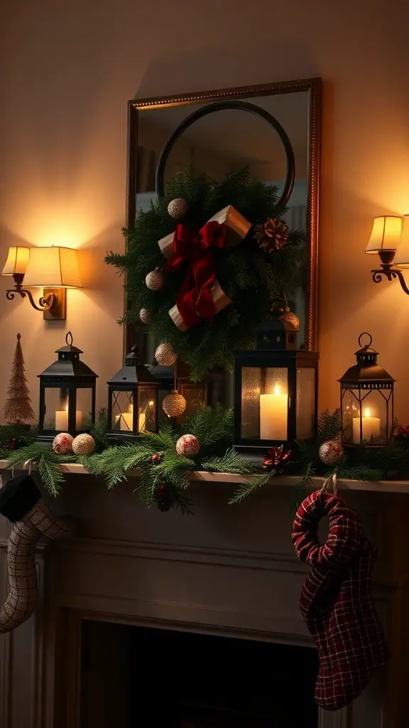 A cozy holiday mantel decorated with antique lanterns, a wreath, and stockings.