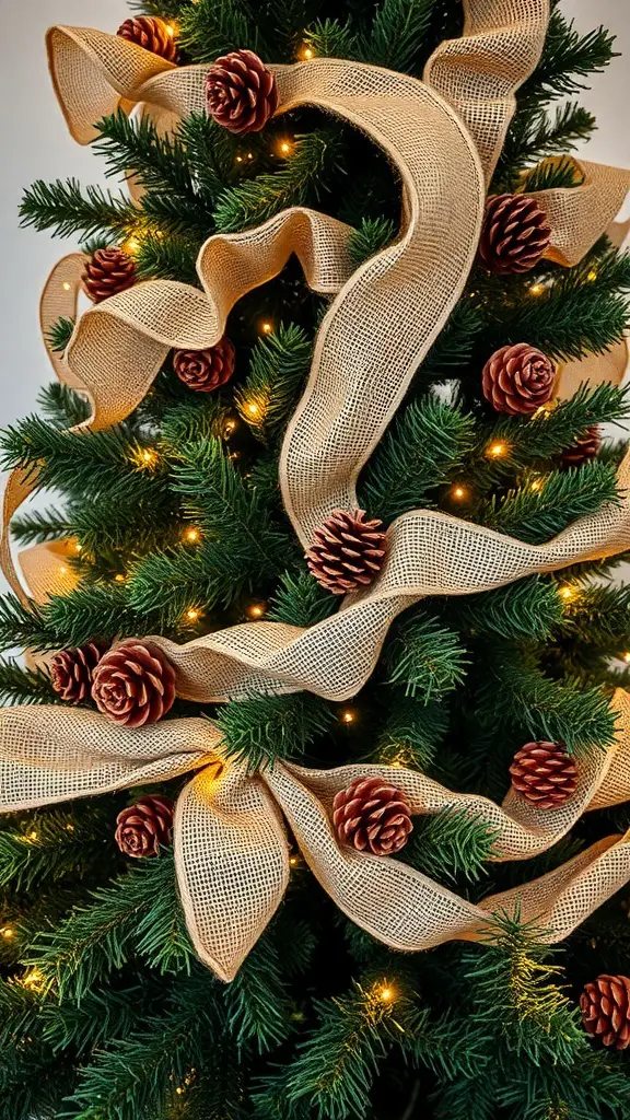 29+ Creative Christmas Tree Ribbon Decorating Ideas You’ll Love 5 A Christmas tree decorated with burlap ribbon and pinecones.