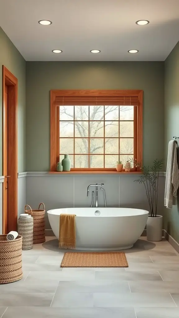 27+ Stunning Bathroom Paint Colors to Transform Your Space 7 A serene bathroom painted in calming sage green with a freestanding tub and wooden accents.