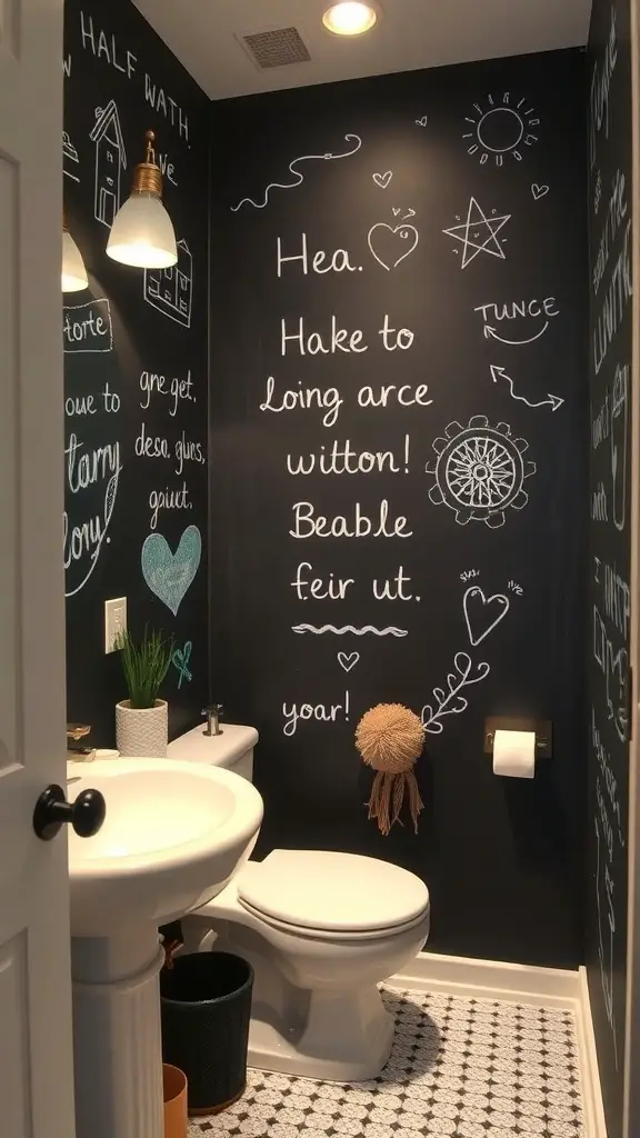 29+ Stunning Half Bath Wallpaper Ideas to Transform Your Space 15 A half bath with chalkboard walls featuring doodles and messages, showcasing a playful and creative atmosphere.