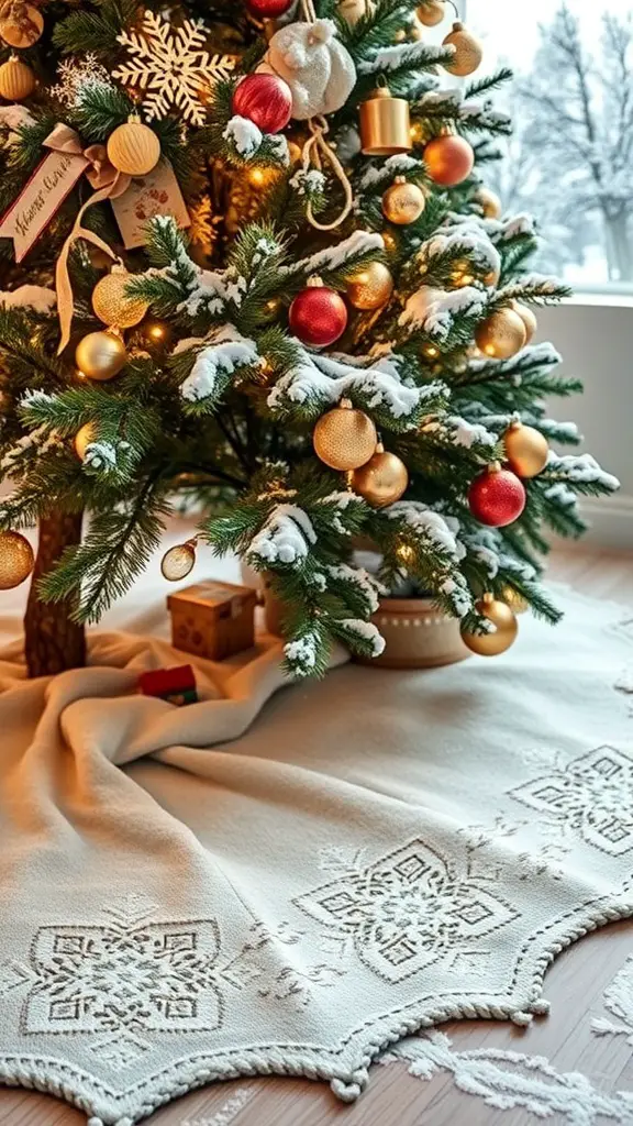 23+ Unique Christmas Tree Skirt Ideas for a Festive Touch 9 A cozy snowflake pattern tree skirt under a beautifully decorated Christmas tree.
