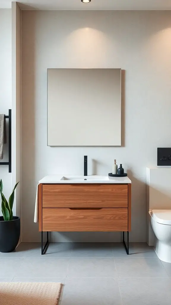 27+ Stunning Mid Century Modern Bathroom Ideas You'll Love 7 A sleek mid-century modern bathroom vanity unit with a wooden finish and white countertop.