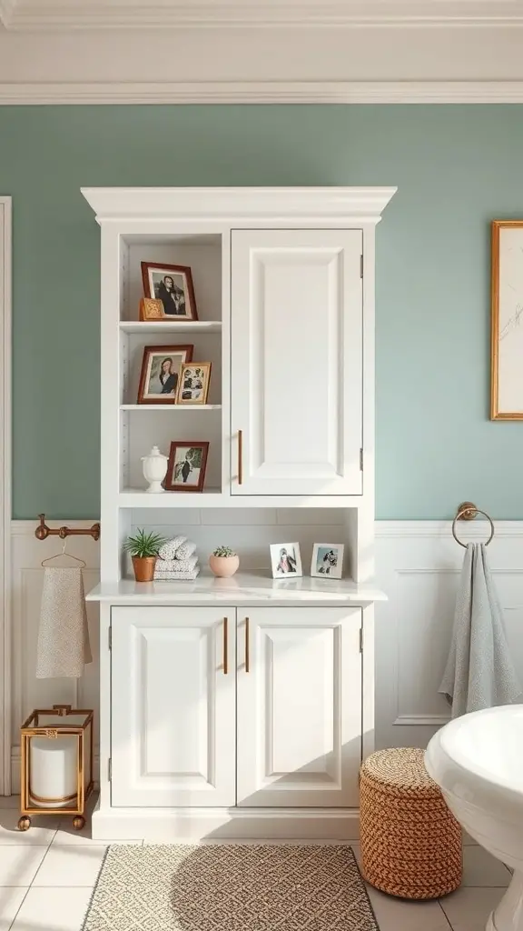 25+ Stylish Bathroom Corner Cabinets for Every Space 13 A stylish bathroom corner cabinet with personal photos, decorative items, and a plant.