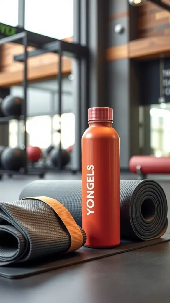 An orange water bottle, a black yoga mat, and a resistance band on a gym floor.