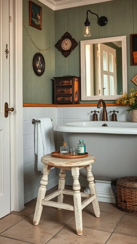 27+ Chic Bathroom Stool Styling Ideas to Elevate Your Space 9 A vintage bathroom stool with a distressed finish, placed next to a classic bathtub, surrounded by rustic decor.