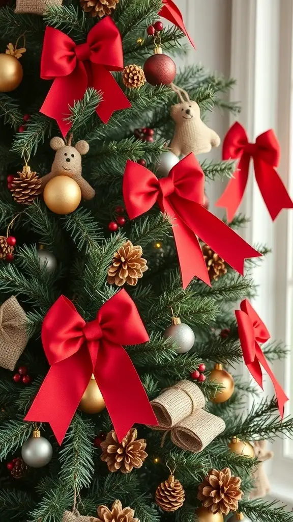 A Christmas tree decorated with red bows, gold ornaments, and natural pine cones.