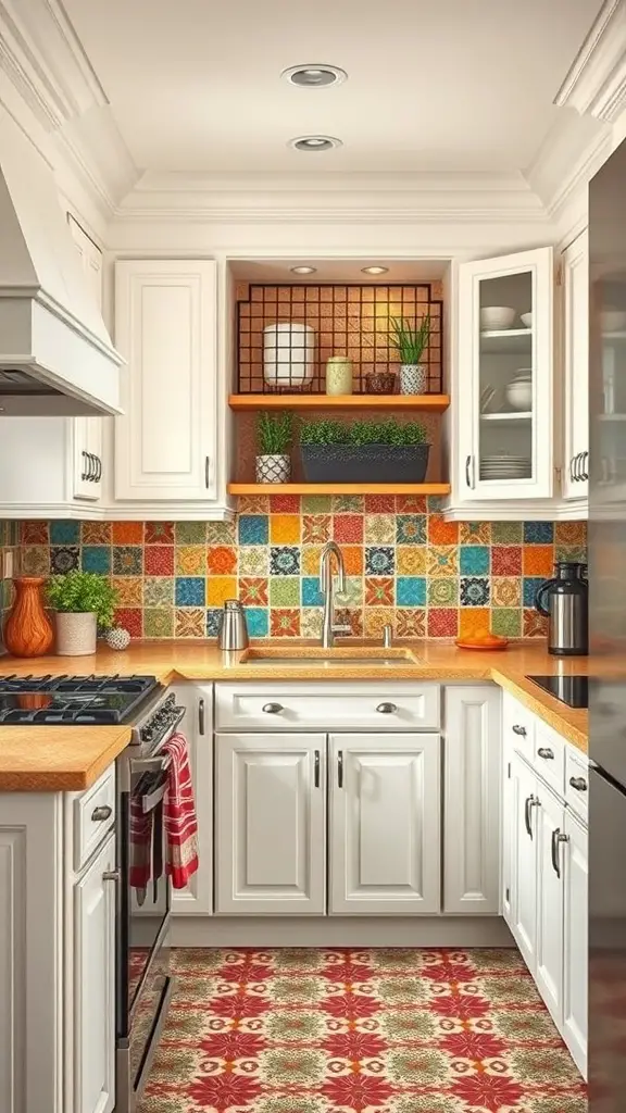 25+ Stunning Antique White Kitchen Cabinets for Timeless Style 8 A kitchen featuring antique white cabinets and a colorful tiled backsplash.